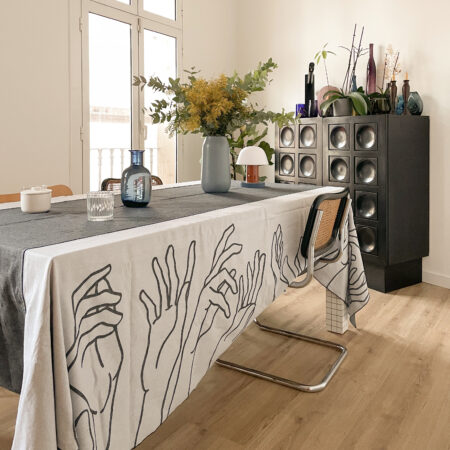 Nappe Manos réversible en jacquard 195 x 355 · Biais gris