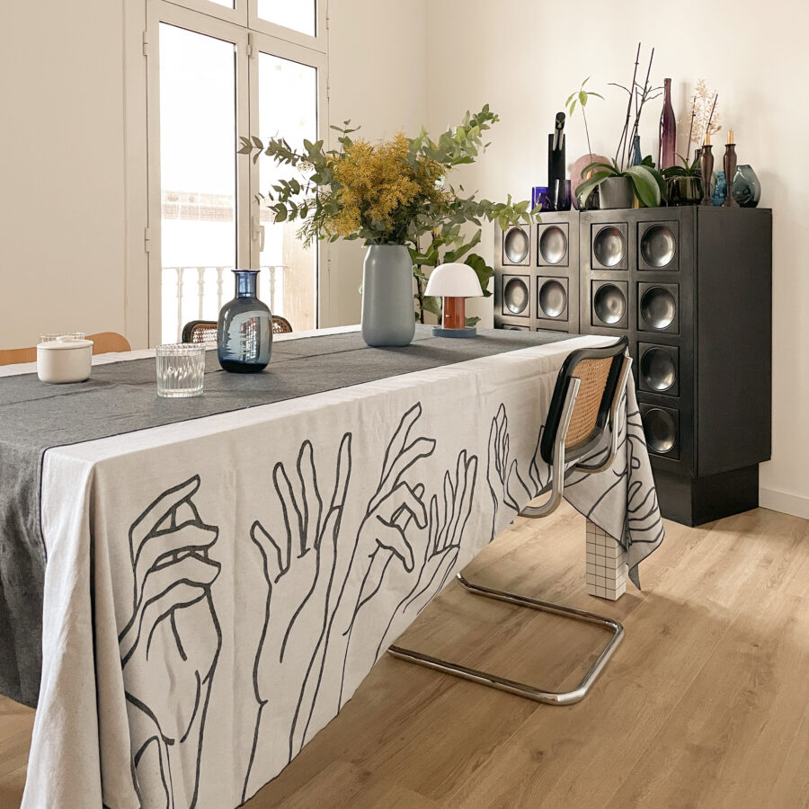 Mantel Manos reversible en jacquard 195 x 355 · Bies gris